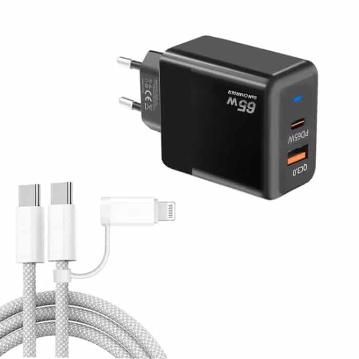 PD41 GaN PD 45W + USB Charger with USB-C to USB-C / 8 Pin Data Cable for iPhone, EU Plug – Bild 1