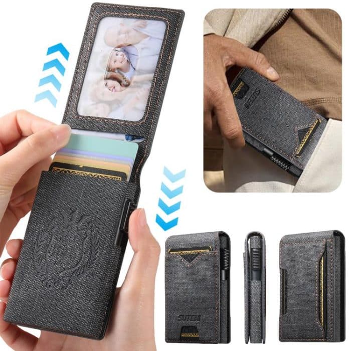 The Suteni denim pattern button automatically pops out the veneered printed card box – Bild 4