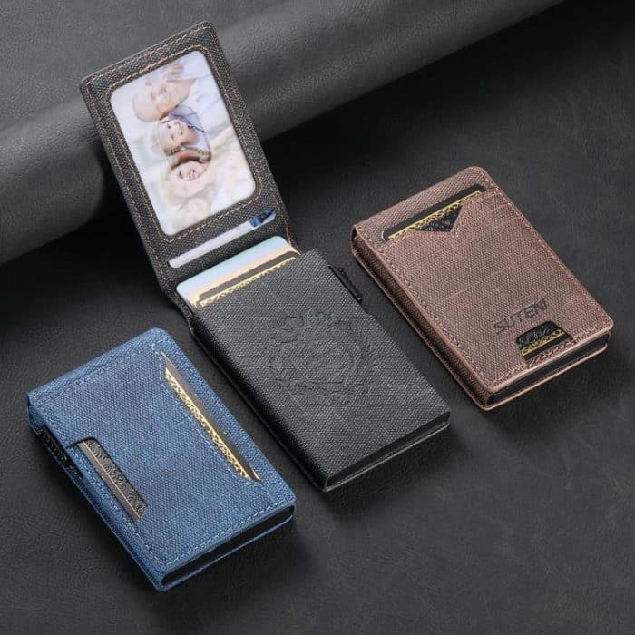 The Suteni denim pattern button automatically pops out the veneered printed card box – Bild 3