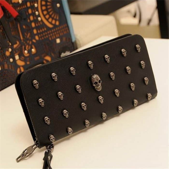 Frauen Metall Schädel Brieftasche Karte Leder Wristlet Handtaschen – Bild 8