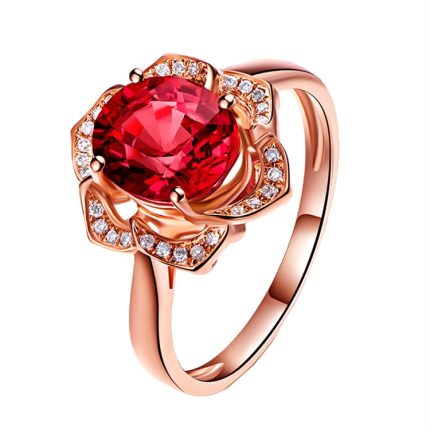 Modischer roter Turmalin-Roségold-Damenring in Blumenform