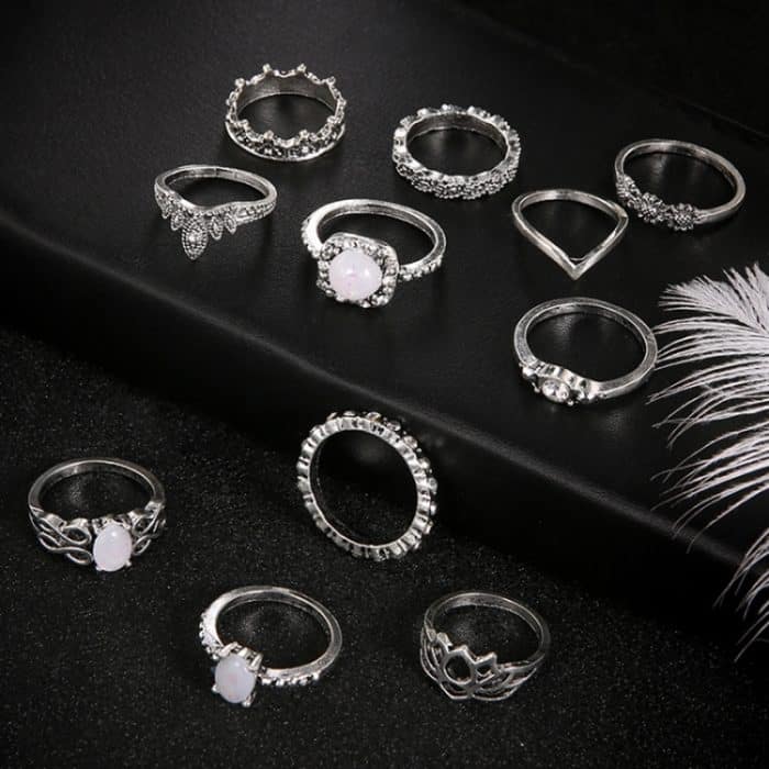 11 PCS / Set Bohemian Retro Totems Opal Lotus Kristall Hohlring Set – Bild 4