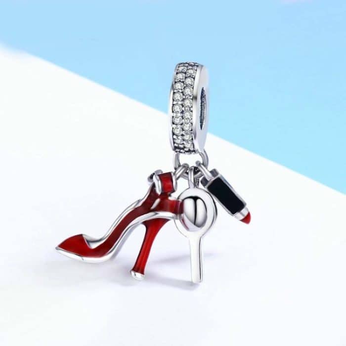 925 Sterling Silber Charm Red Lippenstift High Heels Make-up Spiegel Anhänger – Bild 1