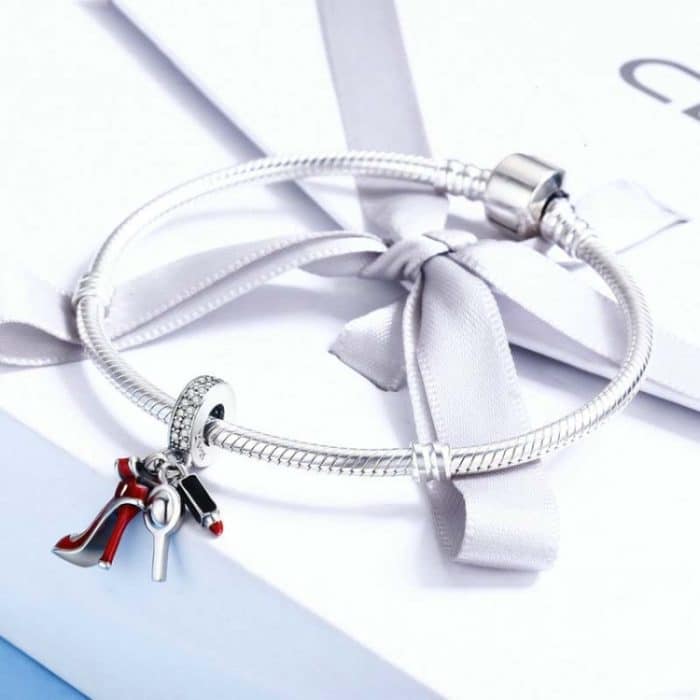 925 Sterling Silber Charm Red Lippenstift High Heels Make-up Spiegel Anhänger – Bild 7