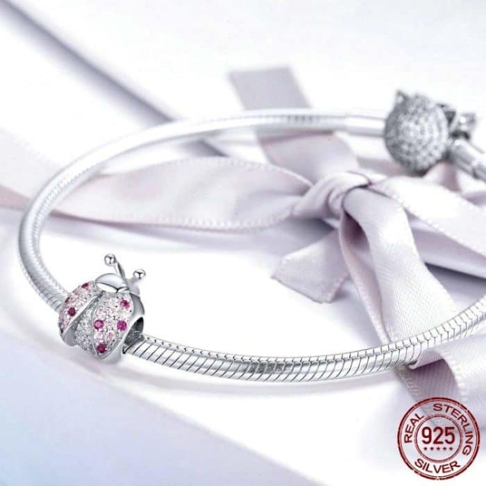 925 Sterling Silber Marienkäfer Rosa Zirkon Insekt Charms Perlen für Armbänder DIY – Bild 4