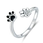 S925 Sterling Silber Cute Pet Paw Print Offener Ring Schwarzer Tropfring