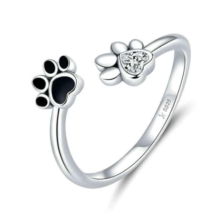 S925 Sterling Silber Cute Pet Paw Print Offener Ring Schwarzer Tropfring – Bild 1