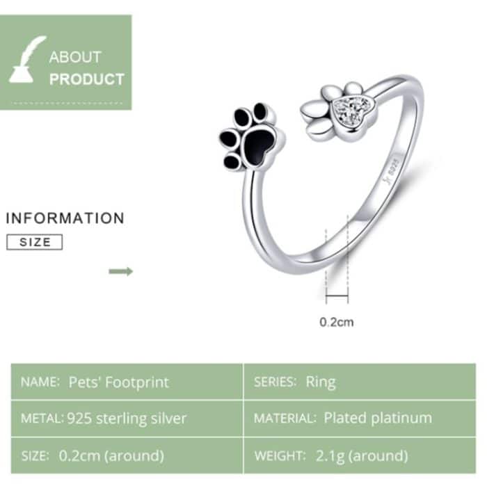 S925 Sterling Silber Cute Pet Paw Print Offener Ring Schwarzer Tropfring – Bild 5