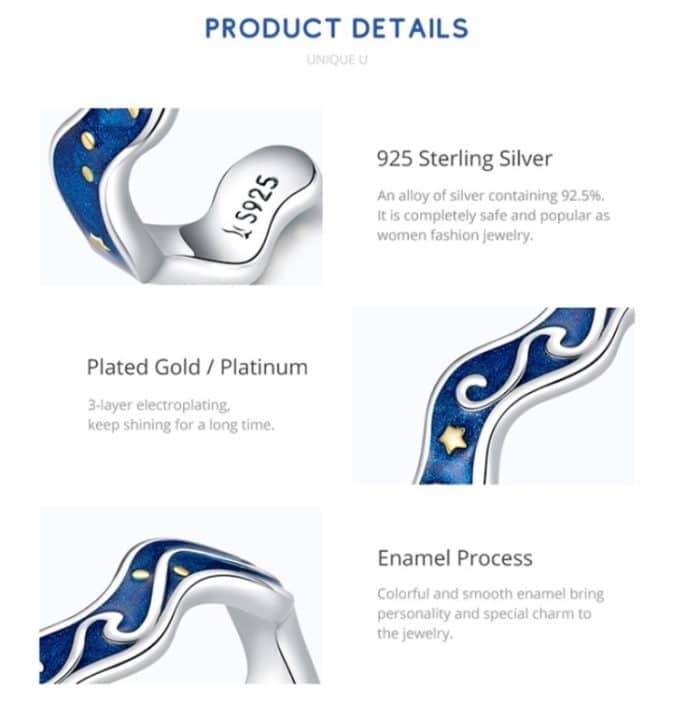 S925 Sterling Silber Ring Blauer Sternenhimmel Überzug Gold Offener Ring – Bild 4