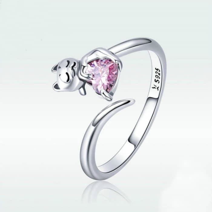 S925 Sterling Silber Cute Cat Diamond Ring – Bild 1