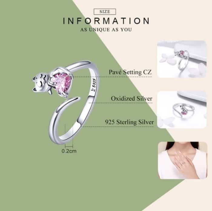 S925 Sterling Silber Cute Cat Diamond Ring – Bild 7