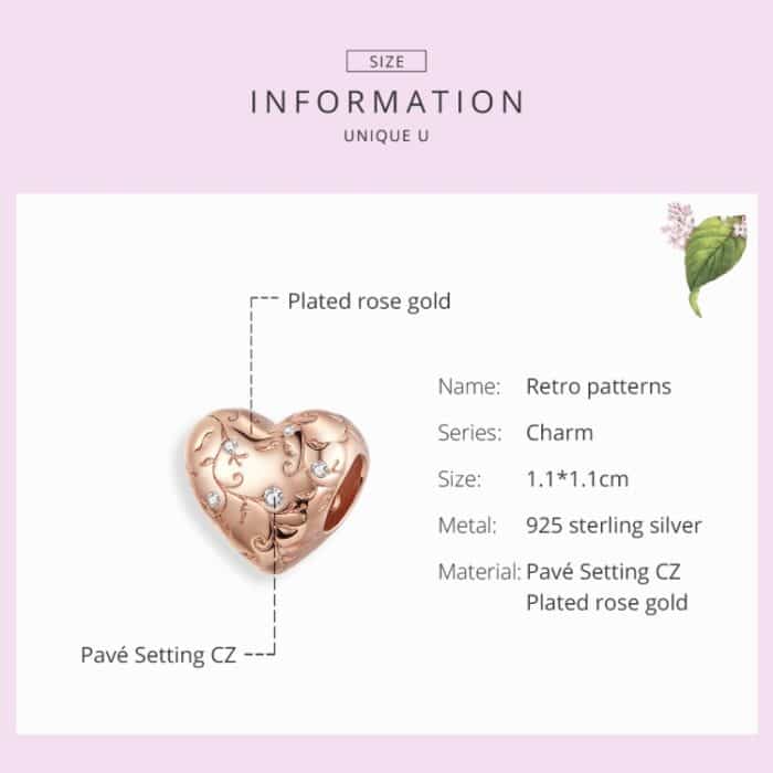 S925 Sterling Silber Herzförmiges Retro-Muster Rosévergoldete Perlen DIY Armband Zubehör – Bild 5