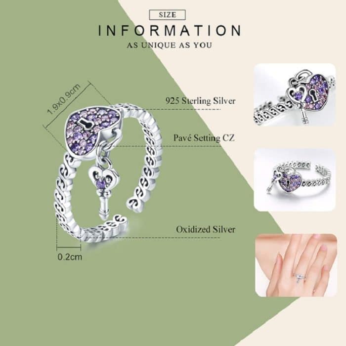 Versprechen S925 Sterling Silber Damen Ring Heart Lock Open Ring – Bild 5