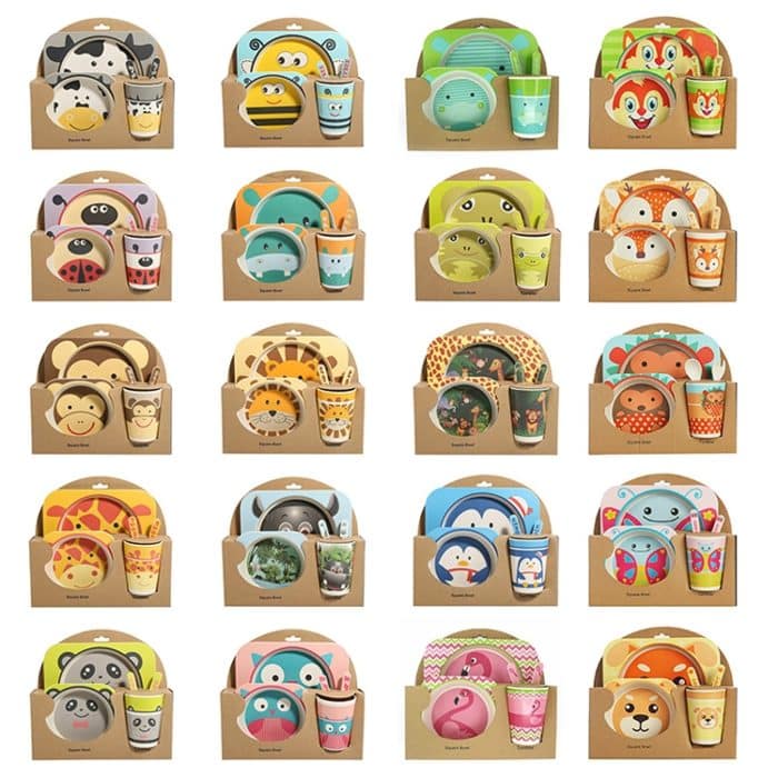 Baby Dish Geschirr Set Cartoon Gabel Fütterung Gerichte für Kinder Utensilien Natürliche Bambus Faser Schüssel Mit Tasse Löffel Platte – Bild 2