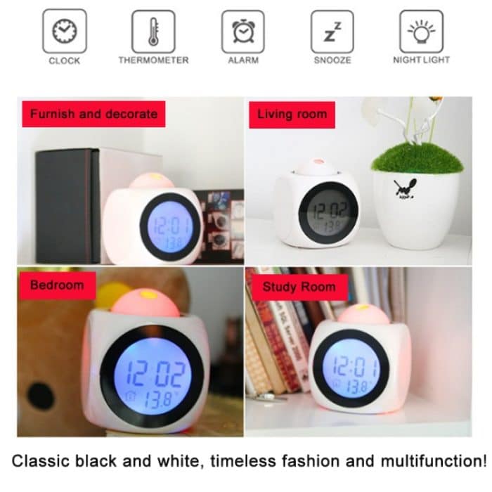 Multifunktions-LED-Projektionswecker, sprachsprechende Uhr, White without USB cable, Black without USB cable, Black + USB cable, White + USB cable – Bild 8