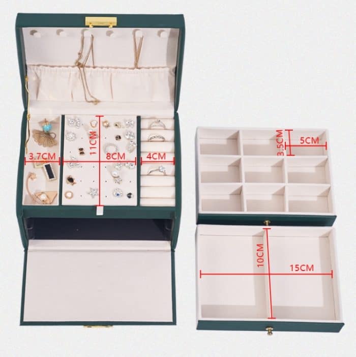 Dreischichtige Schubladen-Schmuckaufbewahrungsbox aus Leder mit Schloss – Bild 3