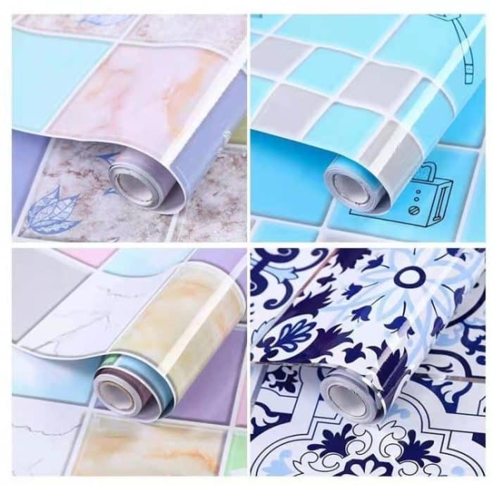 2 Stück Küchen-Anti-Rauch-Fliesen-Wandaufkleber, Herd-Tapete, Happy Every Day, Purple Vine, Blossoming Flowers, Blue Ans White Porcelain – Bild 2