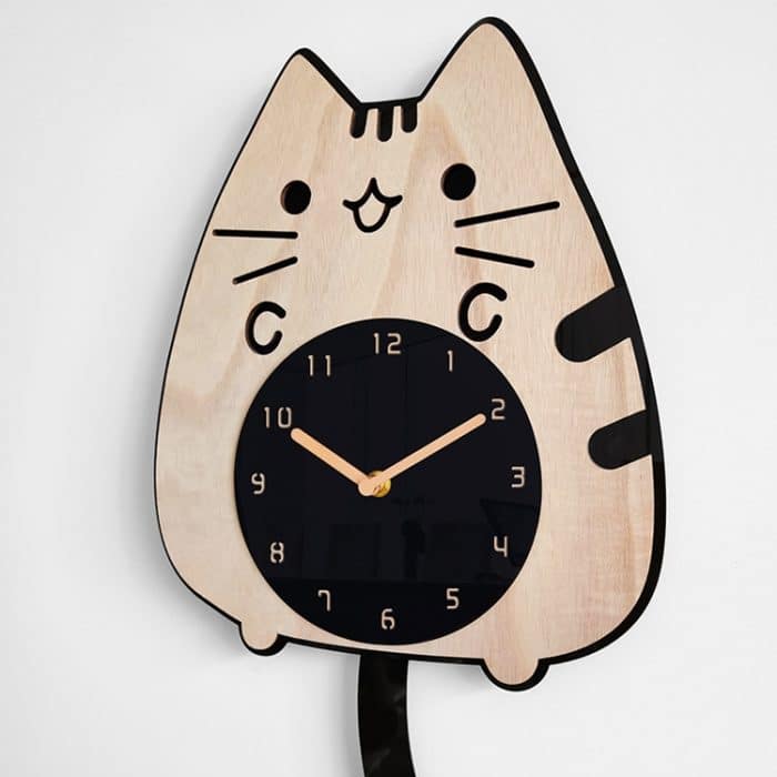 Holz Cartoon Uhren Home Decoration Wohnzimmer Katze Wagging Tail Swinging Wanduhr – Bild 3