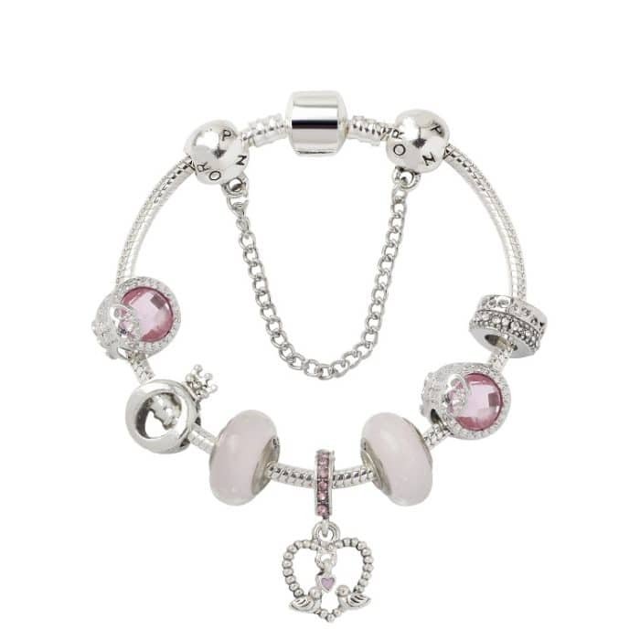 SL85 Farbige Glasur Perlenarmband mit großem Loch, Legierung, rosa Serie, Liebesvogel-Anhänger-Armband, Größe: – Bild 1