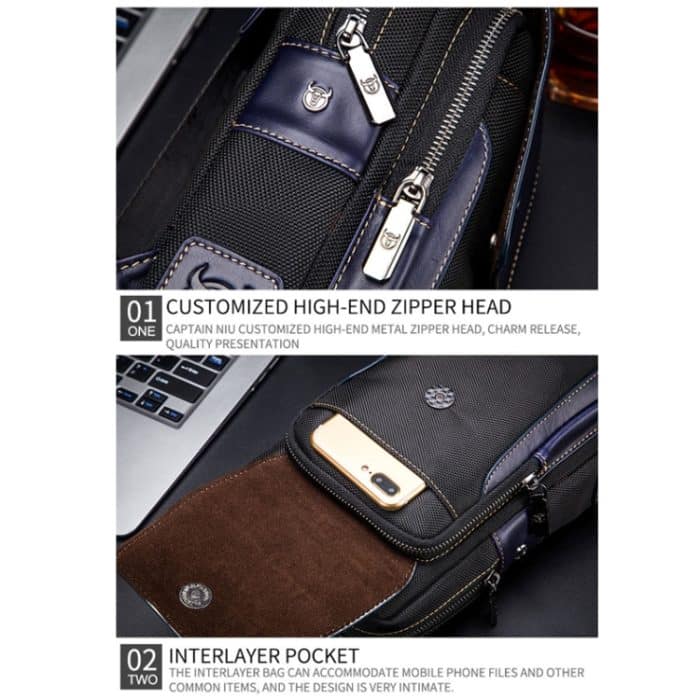 BUFF CAPTAIN 9999 Leder Herren Brusttasche Lässige Umhängetasche aus erstklassigem Rindsleder, Brown, Blue Black, Black Leather Blue – Bild 5