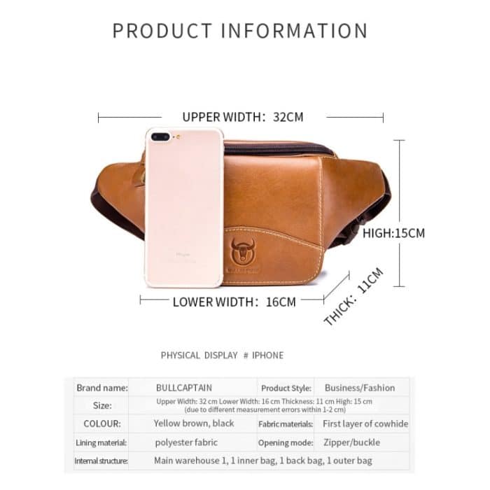BULL CAPTAIN Rindsleder-Hüfttasche, große Kapazität, multifunktionale Geldbörse für Herren, Black, Yellow Brown – Bild 2