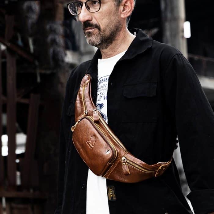 LAOSHIZI Vintage-Leder-Hüfttasche, Schulter-Crossbody-Tasche, Schulter-Brusttasche für Herren, Black, Brown – Bild 6