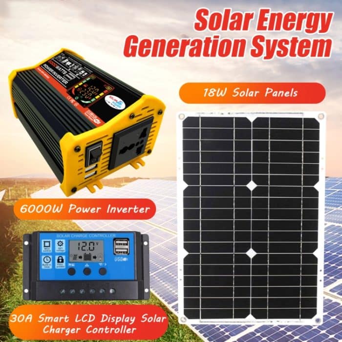 Home Solargenerator Wechselrichter + 30A Controller + 18W 12V Solarpanel, Spezifikation:, Black 12V To 220V, Black 12V To 110V, Yellow 12V To 220V, Yellow 12V To 110V – Bild 11
