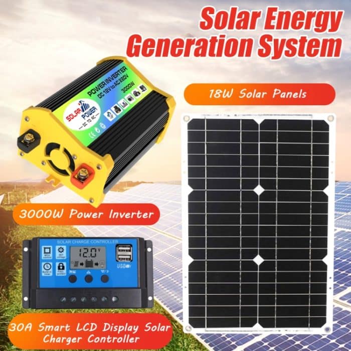 Home Solargenerator Wechselrichter + 30A Controller + 18W 12V Solarpanel, Spezifikation:, Black 12V To 220V, Black 12V To 110V, Yellow 12V To 220V, Yellow 12V To 110V – Bild 11