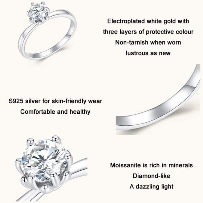 MSR006 Sterling Silber S925 Moissanit Ring mit sechs Krallen, weiß vergoldeter Schmuck – Bild 4