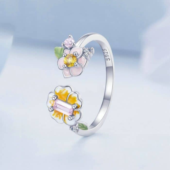 Sterling Silber S925 Wunderschöner, blumenplattierter offener Ring aus Platin – Bild 3