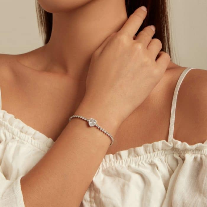 S925 Sterling Silber Funkelndes Weißgold vergoldetes Herz-Zirkonia-Armband – Bild 5