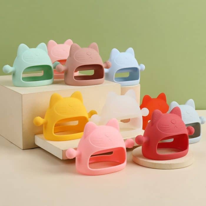 3 Stück Baby-Anti-Eating-Handabdeckung aus gekochtem Silikon, beruhigende Zahnstäbchen, Pink, Yellow, Orange, Apricot, Jujube Red, Mint Green, Sky Blue, Gray Blue, Transparent, Brown, Light Pink – Bild 2