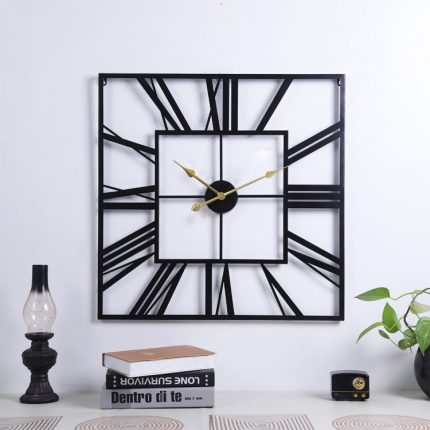 2053 58 cm Vintage Wohnzimmer Schmiedeeisen quadratische römische Metallwanduhr, Black+Gold Needle, Black+Black Needle, Gold+Gold Needle