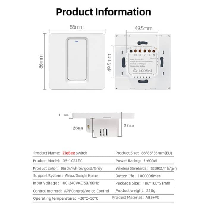 Tuya ZigBee Smart Single-Fire Zero-Fire Sharing Switch Telefonsteuerung Sprachpanel EU-Stecker, Spezifikationen:, 1 Button, 2 Buttons, 3 Buttons – Bild 11