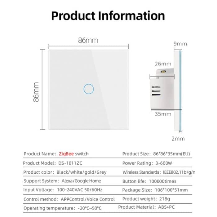Tuya ZigBee Zero Firewire Touch Wand-Fernbedienungsschalter, Lichtsteuerung, Sprachschalter, EU-Stecker, Stil:, 1 Gang (White), 2 Gang (White), 3 Gang (White), 1 Gang (Black), 2 Gang (Black), 3 Gang (Black) – Bild 11