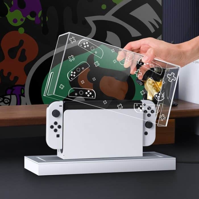 035 für Nintendo Switch/OLED-Spielkonsolen-Display, leuchtende Basis, staubdichte Abdeckung, Spezifikationen:, Light Base, Transparent, White Label, Black Label, Handle – Bild 3