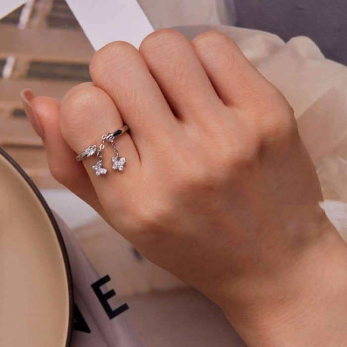 Sterling Silber S925 Schmetterlingskette offener Zirkon plattierter Goldring – Bild 5