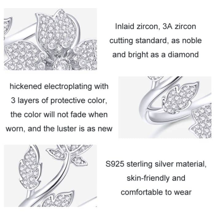 Offener verstellbarer Ring aus Sterlingsilber mit S925-Weißgold und Zirkon-Kirschblüten-Beschichtung – Bild 4
