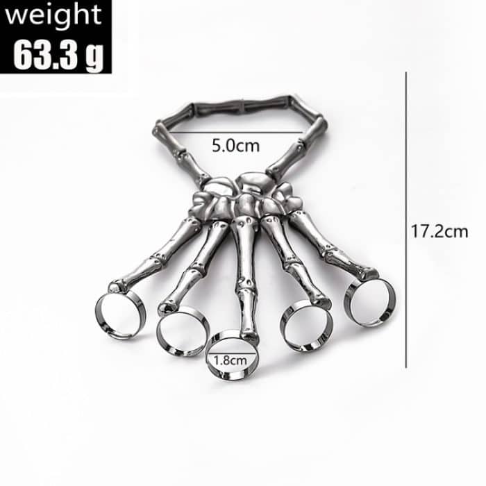Punk-Totenkopf-Handknochen-Fünf-Finger-Ring, verstellbare integrierte Kette – Bild 8