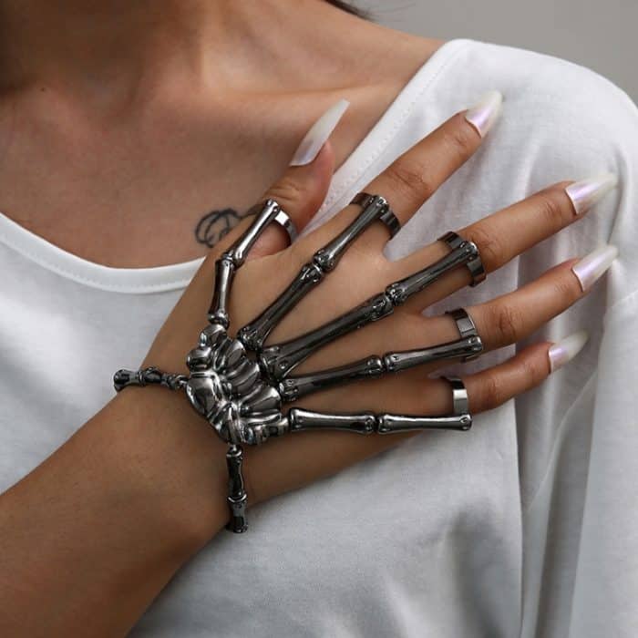 Punk-Totenkopf-Handknochen-Fünf-Finger-Ring, verstellbare integrierte Kette – Bild 5
