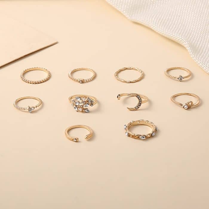 10 Stück/Set Mond Stern Blätter Herz Strass Knuckle Ring – Bild 4