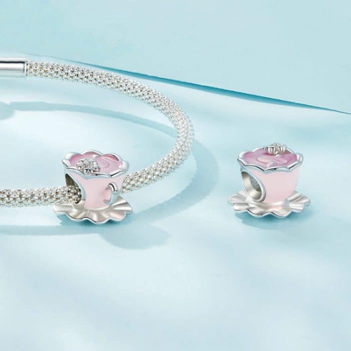 Rosa Blume Kaffeetasse DIY Perlen S925 Sterling Silber Armband Zubehör – Bild 4