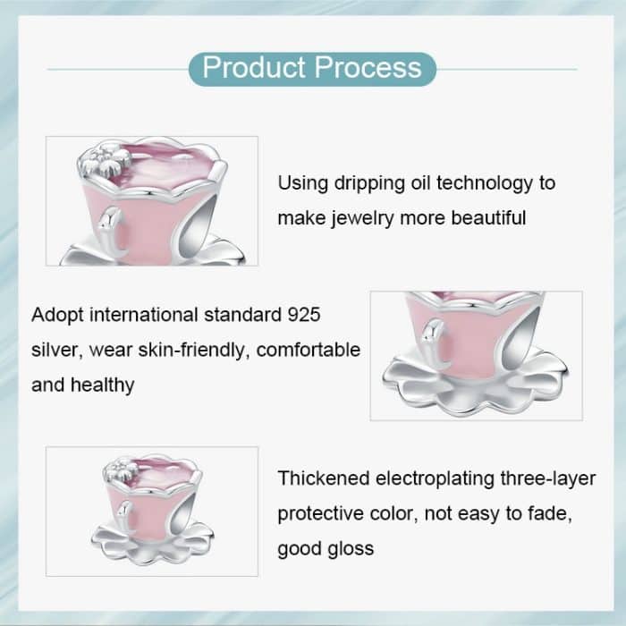 Rosa Blume Kaffeetasse DIY Perlen S925 Sterling Silber Armband Zubehör – Bild 6