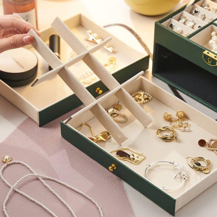 Diamantmuster PU-Leder Dreischichtige Schubladen-Schmuckschatulle Halskette Ring Schmuck Aufbewahrungsbox – Bild 7