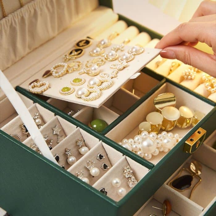 Diamantmuster PU-Leder Dreischichtige Schubladen-Schmuckschatulle Halskette Ring Schmuck Aufbewahrungsbox – Bild 8