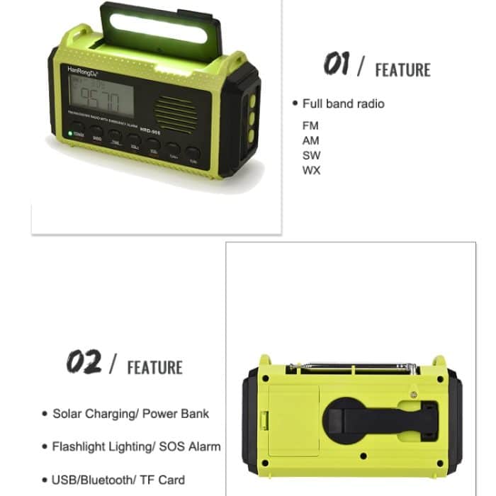 HanRongda HRD-905 Solarlade-LED-Beleuchtungserzeugung, Katastrophenschutz, Notfall-Vollbandradio, HRD-905 Army Green, HRD-905 Yellow Green – Bild 3