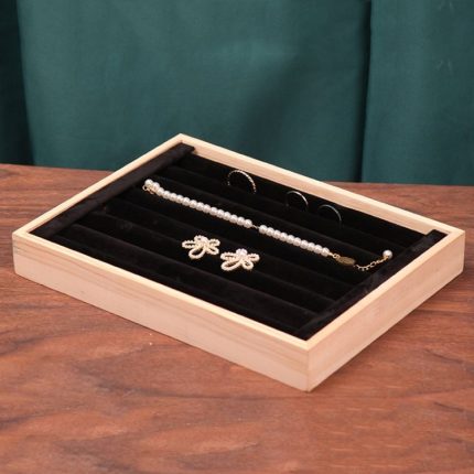 Massive Holz-Samt-Schmuck-Display-Tablett, Ring-Ohrring-Armband-Aufbewahrungs- und Organisationsbox