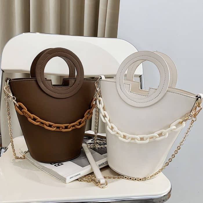 Lässige Damen-Eimer-Handtasche mit runder Kette und Schulter-Umhängetasche – Bild 3