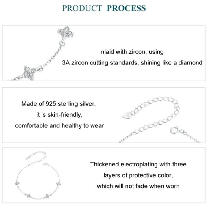 S925 Sterling Silber platiniertes, funkelndes kleines vierblättriges Kleeblatt-Damenarmband – Bild 3