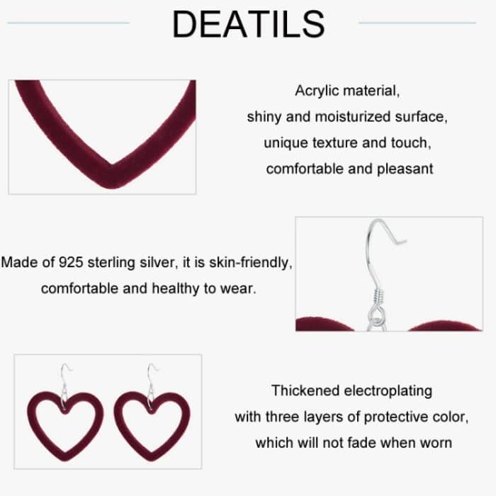 S925 Sterling Silber Samt Burgunderrote Liebesherz-Ohrringe – Bild 3